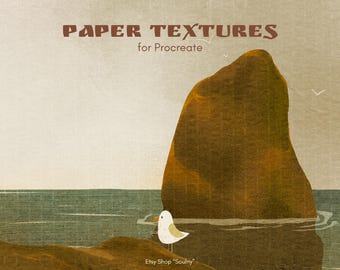 Puede incluir: Impresión de arte digital que presenta una escena costera con una gran formación rocosa marrón y un pequeño pájaro. El texto "PAPER TEXTURES for Procreate" se muestra en la parte superior. El nombre de la tienda Etsy "Soulny" está en la parte inferior.