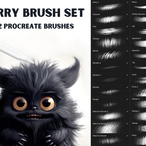 Set van 32 Procreate-bontborstels | Harige illustratie | Zielige kunst | Digitale iPad-tekentools | Realistisch dierenbont | Monster: