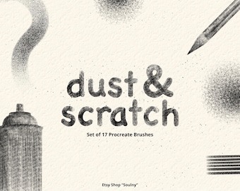 May include: A digital art graphic with the words "dust & scratch" in a textured font. The image includes a pencil, spray paint can, and other artistic elements. The text "Set of 17 Procreate Brushes" is also present.