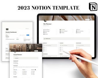 Modèle de notion | Agenda numérique 2023 | Minimalisme | Modèle de tableau de bord Notion | Planificateur numérique ultime | Planificateur de voyage | Étudiant