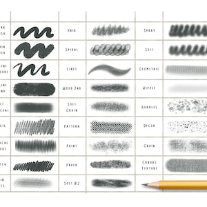 May include: A chart with 20 different brush stroke samples for digital art. Each sample is labeled with a descriptive name, such as "Clear Brush", "Grain Brush", "Outline Pressure", "Outline Round", "Soft Charcoal", "Pencil", "Vertical Stroke", "Sketch", "Thin Lines", "Hair", "Spiral", "Spray", "Soft", "Lines", "Geometric", "Wood 2nd", "Ripple", "Soft Grain", "Bubbles", "Decor", "Paint", "Grain", "Paper", "Canvas Texture", and "Soft #2".