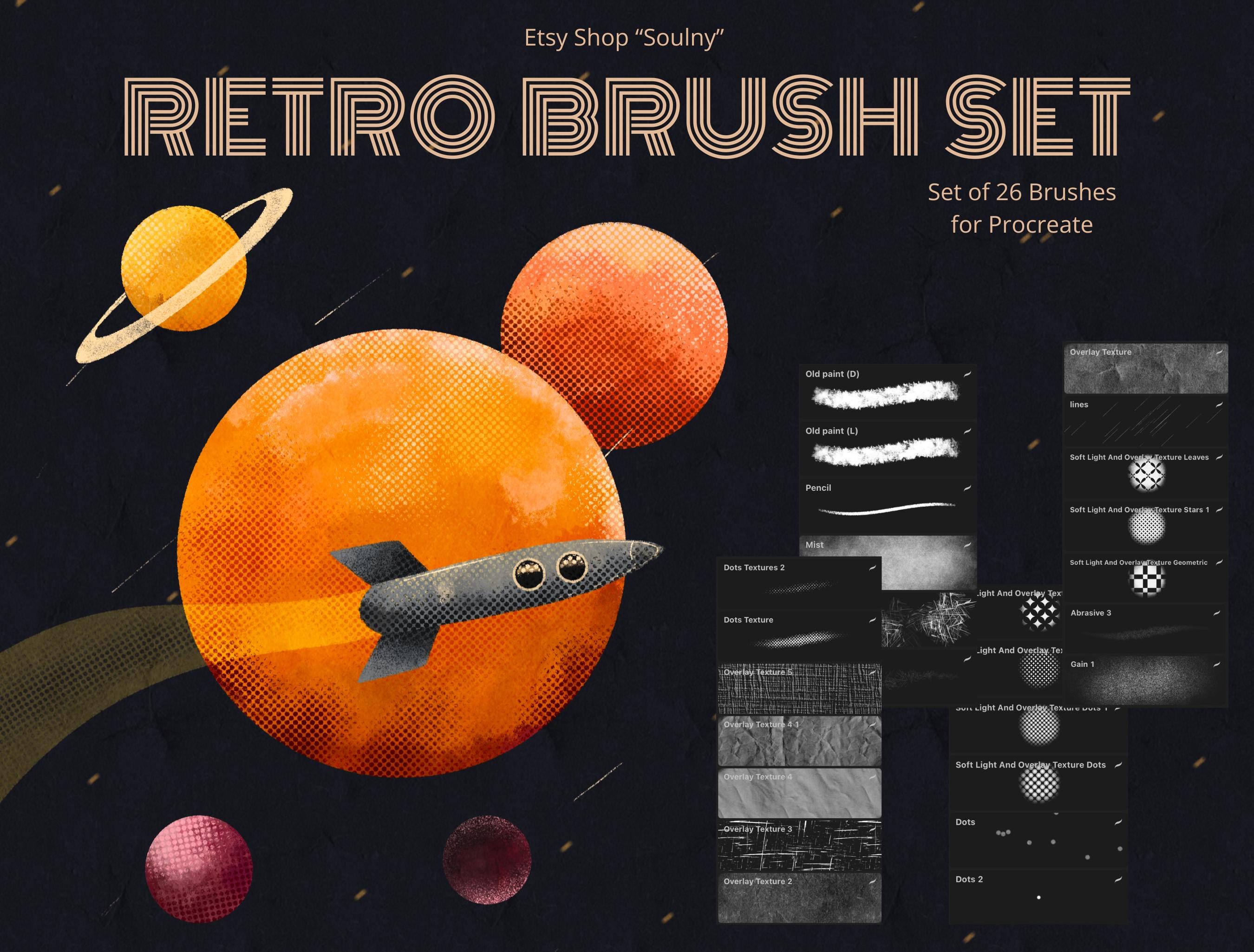 Retro Procreate Brushes: Vintage Textures, Patterns (26 Brush Set) (Digital Download)