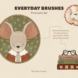 Könnte beinhalten: Illustration mit dem Text "EVERYDAY BRUSHES Procreate Set". Es zeigt eine Maus in einem kreisförmigen Rahmen, Bleistifte, ein Lineal und einen Stapel Bücher mit Brille. Der Text lautet "Whimsical essentials for daily drawing: pencil, grain, sketch and canvas brushes."