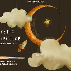 Mystic aquarel procreate bundel | Set van 27 borstels | Aquarel, papier, canvastextuur, inkt, schets, goud en glitter | Soulny