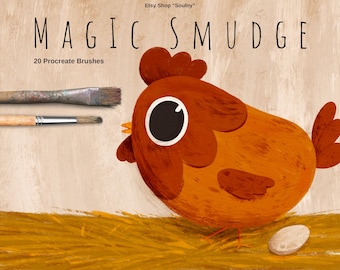 May include: Illustration featuring a cartoon chicken with large eyes and orange feathers. The text "MAGIC SMUDGE" and "20 Procreate Brushes" are displayed above two paint brushes. An egg is near the chicken.
