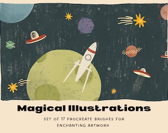 May include: An illustration featuring a retro space theme with planets, stars, rockets, and UFOs against a dark blue background. The text "Magical Illustrations" and "Set of 17 Procreate Brushes for Enchanting Artwork" are displayed at the bottom.