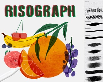 Może przedstawiać: Cyfrowa ilustracja owoców, w tym banana, wiśni, pomarańczy i winogron, ze słowem "RISOGRAPH" w dużych, kolorowych literach u góry obrazu.