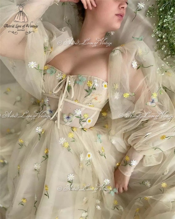 Pastel Yellow Corset Dress Embroidered 