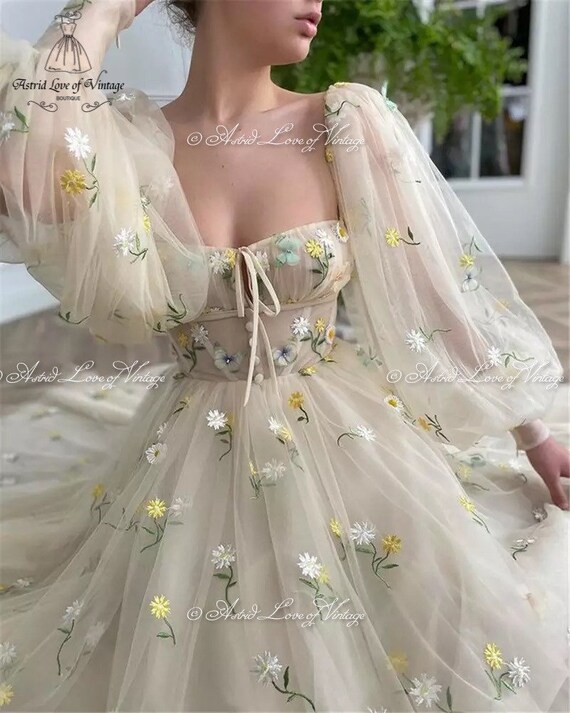 Pastel Yellow Corset Dress Embroidered 