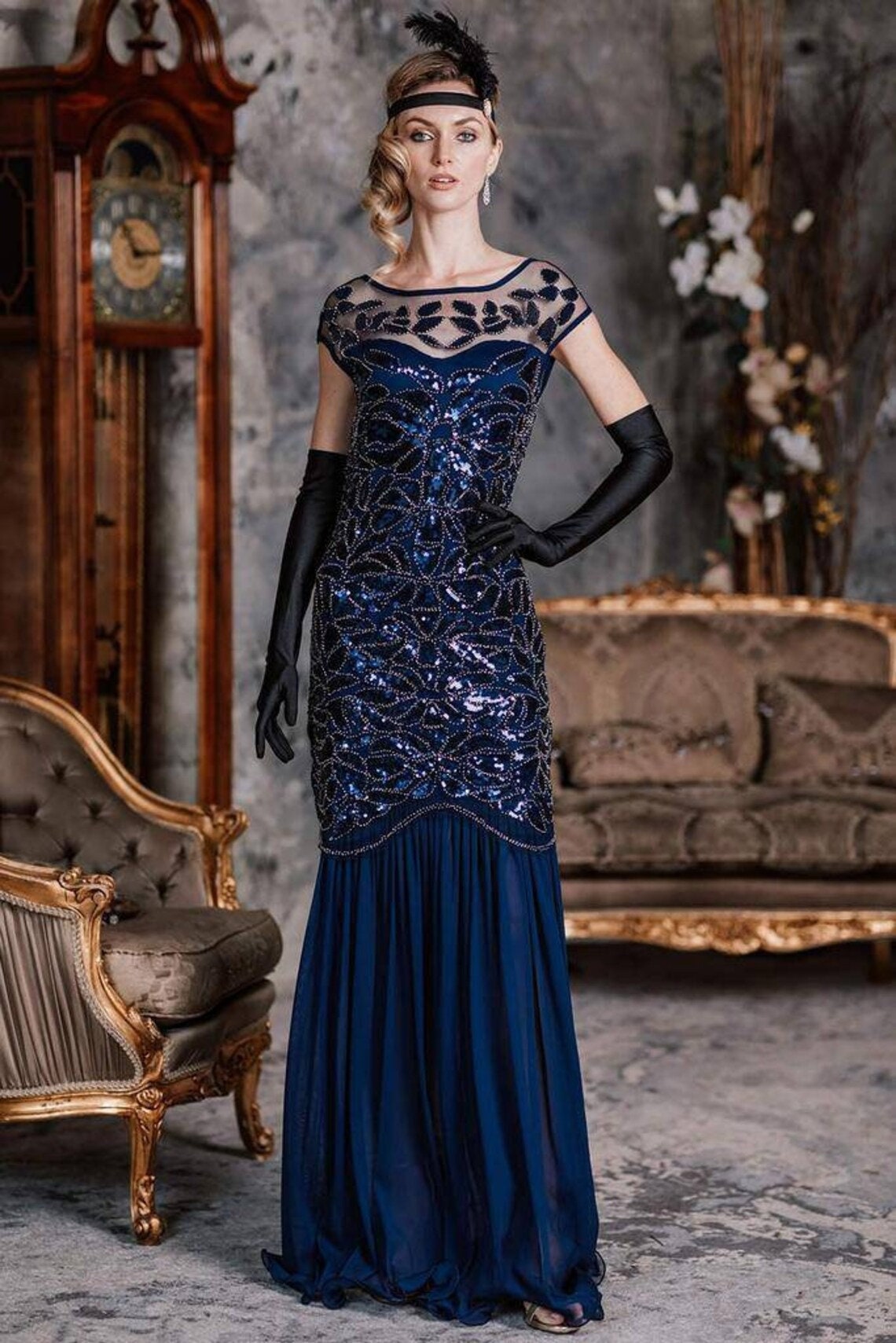 Années 1920 femmes col en V perlé frangé robe à clapet Gatsby thème  rugissant robe des années 20 pour le bal -  France