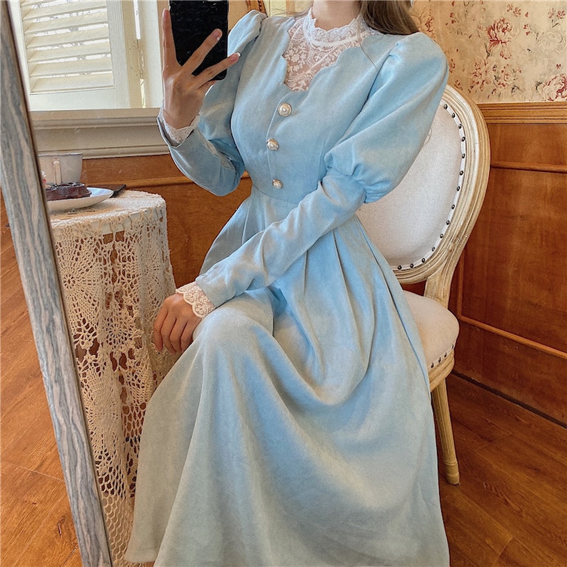 1900s Edwardian Dress, 1910s Dresses and Gowns     Vintage retro blue blue angelic dress sleek sleek sleeves victorian belle époque nostalgia $66.50 AT vintagedancer.com