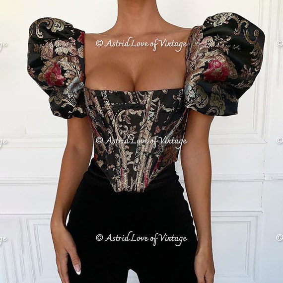 Black and Gold Brocade Corset Style Top With Neckline and Puffed Sleeves  Royal Core Sexy Baroque Royalty Nobility Princess Gold Volume -   Australia