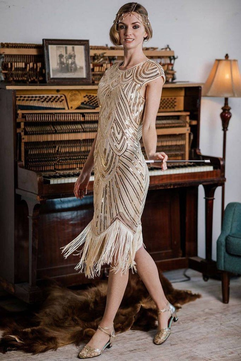 ArtiDeco Abito Charleston Donna Anni '20 Vestiti Anni '20 con Frange Lungo,  Paillettes e Perline in Stile Grande Gatsby Vestiti daCocktail 1920s  Costume Flapper Donna 