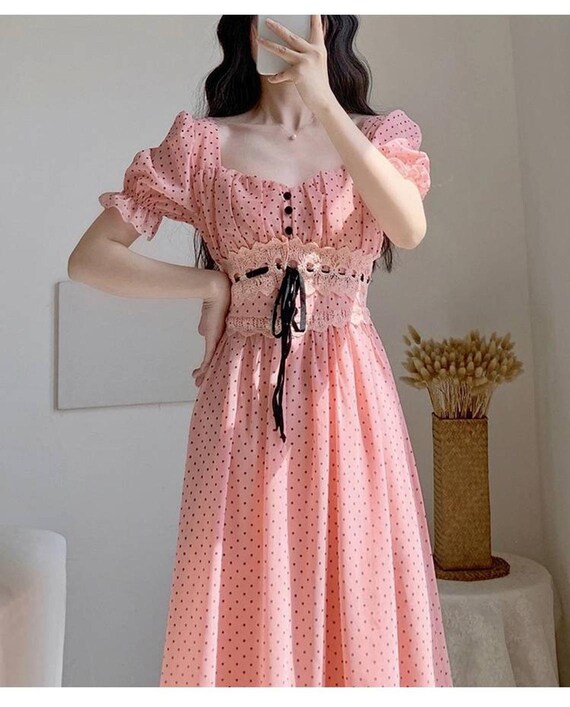 Vintage Retro French Dress Dot Dots Dots Pink Short Sleeve | Etsy