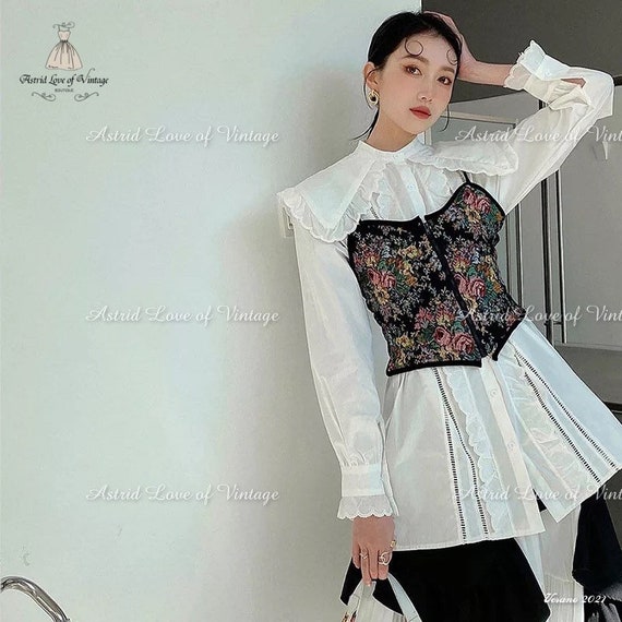 Retro White Blouse Corset Black Tapestry Royal Core Cottage Core