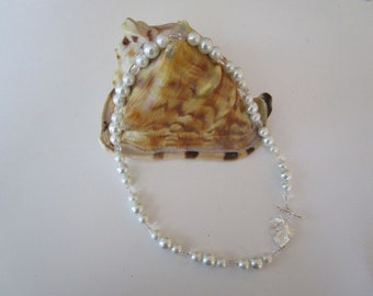 White glass pearl and  clear glass necklace a silver grape leaf toggle clasp