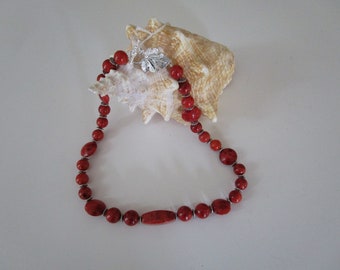 Red Jasper and silver necklace; silver leaf toggle clasp