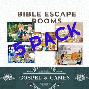 Op de afbeelding: Een 5-pack Bijbelse Escape Rooms met de titels "Trouble in Eden", "Saving Moses", "Under Egypt", "Finding the Ark" en "Assisting Esther". De afbeelding heeft een blauwgroene en witte achtergrond met de tekst "Bible Escape Rooms" en "Gospel & Games".