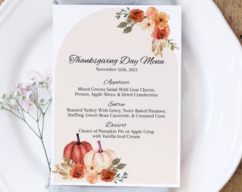 Thanksgiving Day Dinner Menu Template, 5 x 7, Appetizer, Entree, Dessert, Pink Background with Pumpkins and Floral, Editable Printable, Boho