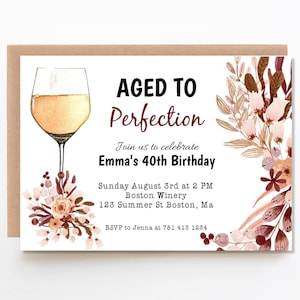 Aged to Perfection Wine Theme Birthday Party Invite, 7 x 5, Floral Design, Wine Glass, Instant Download, Digital Print, Personalize, Edit