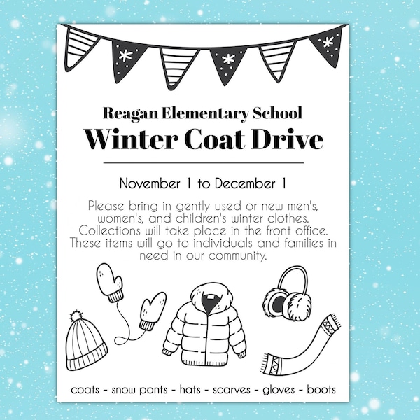 EDITABLE PRINTABLE Winter Clothes Drive Flyer Template, 8.5 x 11, Coat Hat Glove Boots Donations Handout, Gently Used or New, Jacket Drive