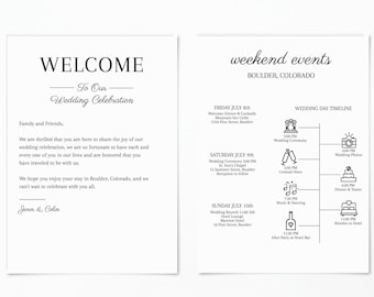 EDITABLE PRINTABLE Wedding Welcome Letter and Itinerary 5 x 7, Welcome Bag Itinerary and Welcome Letter Double Sided Template, Simple Plain