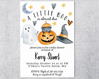 EDITABLE A Little BOO Is Almost Due Baby Shower Invitation Invite, 5 x 7, Ghost Pumpkin Halloween Baby Shower, Instant Download Digital