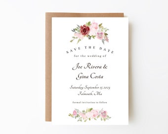 Spring Floral Save the Date Wedding Invitation Template, Burgundy Light Pink Blush and Greenery, Flower Invite Baby Shower, Birthday Party