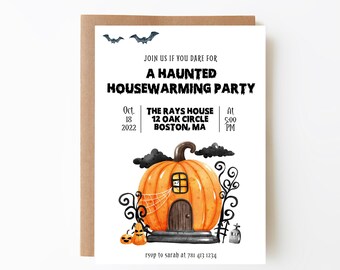 Pumpkin Haunted Housewarming Party Invitation Template, Halloween Party Invite, Join Us if you Dare, Costume Party, Spooky Invite, Fall