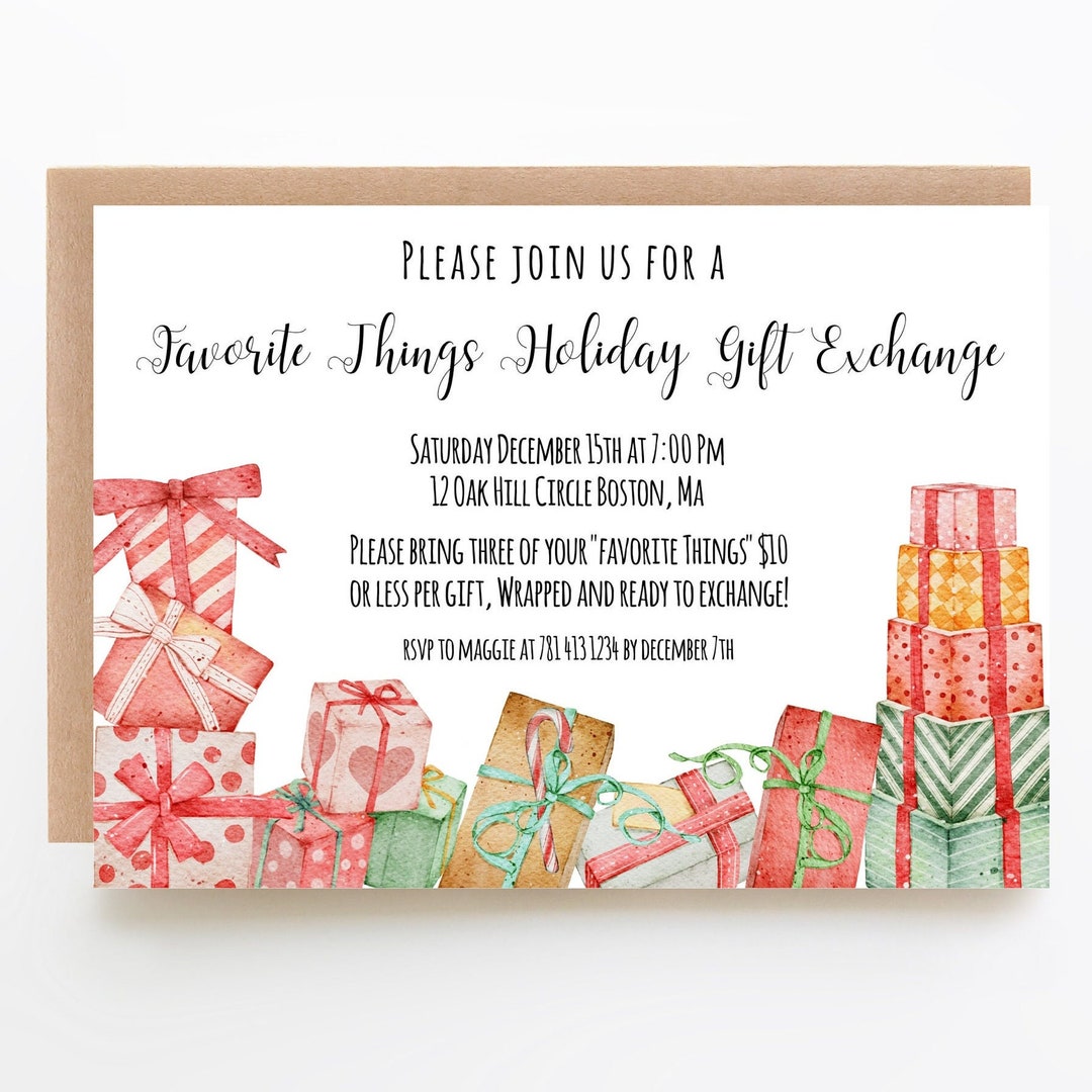 Favorite Things Holiday Gift Exchange Invitation Template, 7 X 5
