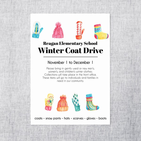 Winter Coat Drive Sign Template, School Coat Fundraiser Flyer, Gently Used Coats Hats Gloves Boots, Coat Donation, Winter Clothes Collection