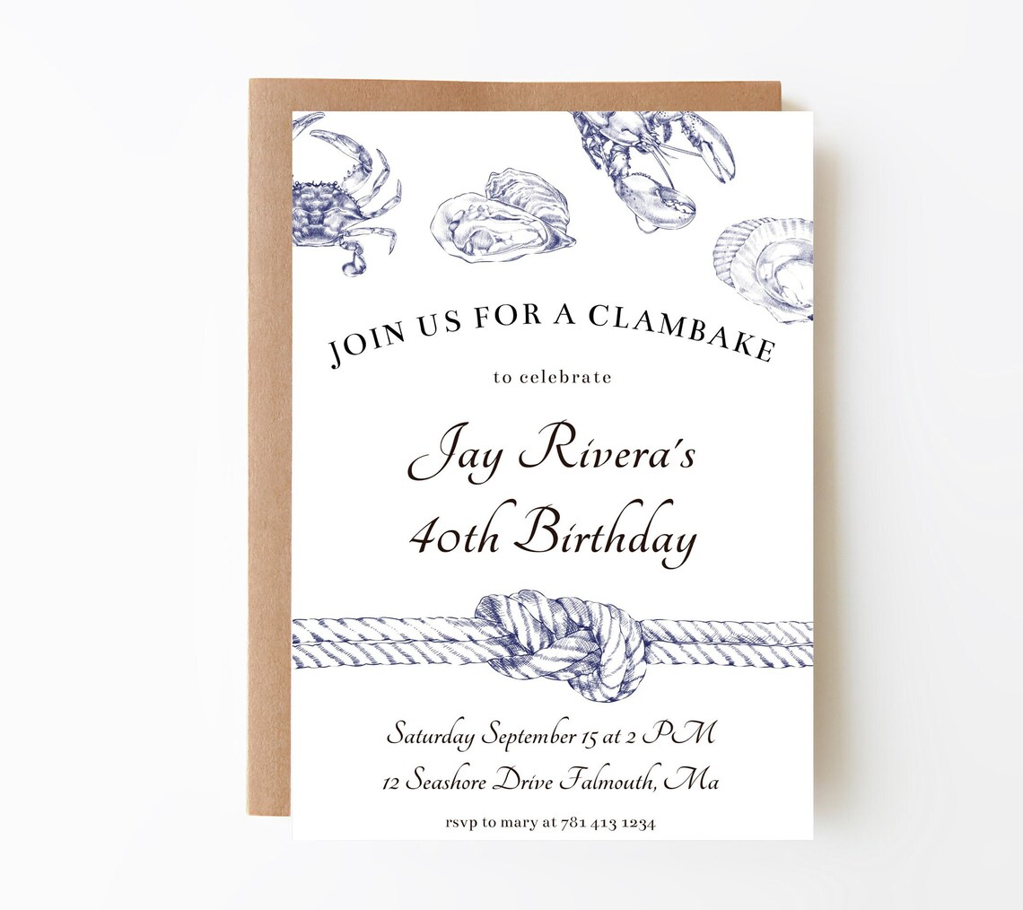 Clambake Birthday Party Invitation Template, Lobster Boil Dinner