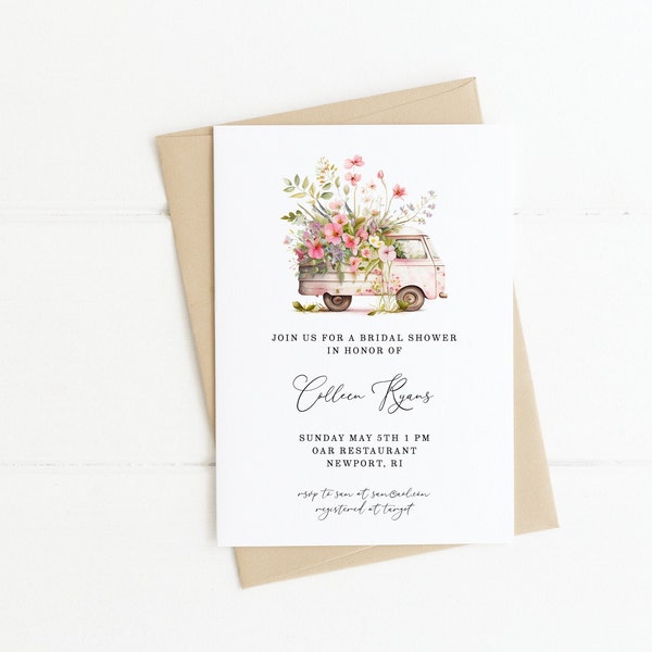 Vintage Flower Truck Bridal Shower Invitation Template, Floral Truck, Truck with Flowers, Spring Wedding Shower Invite, Couples Shower