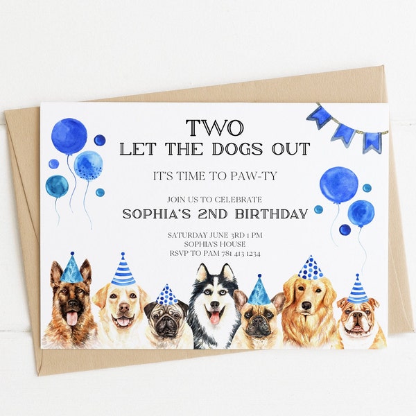 Plantilla de invitación a fiesta de cumpleaños de Two Let The Dogs Out, fiesta de cachorros, amante de los perros, invitación a fiesta de cumpleaños de niño, 2o cumpleaños, fiesta de dos años