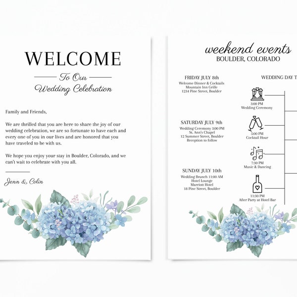 EDITABLE Hydrangea Wedding Itinerary and Welcome Letter Welcome Bag, Edit Icon Clip Art, Wedding Weekend Timeline 5 x 7 Front and Back