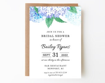 Blue Watercolor Hydrangea Bridal Shower Invitation Template, Floral Wedding Shower Invite, Cape Cod Summer Bridal Shower, Printable Editable