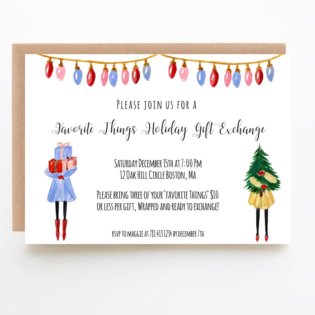 Favorite Things Holiday Gift Exchange Invitation Template, 7 X 5