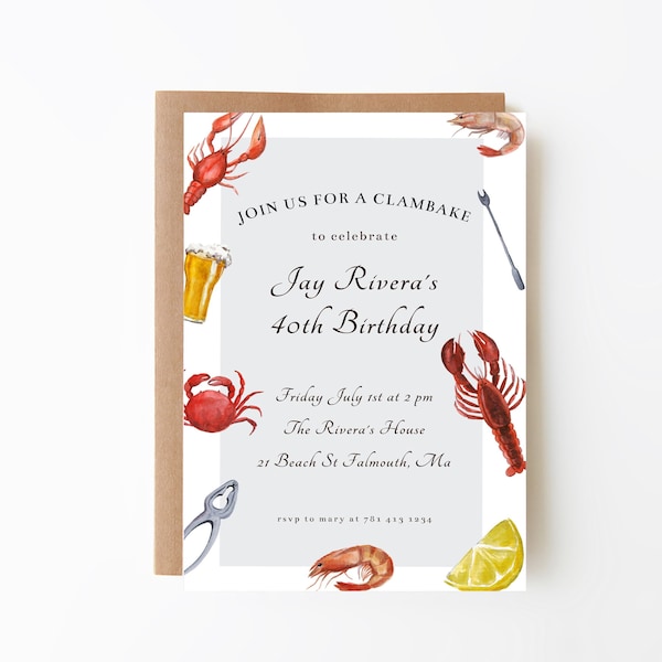 Clambake Invitation Template, Lobster Bake, Lobster Boil, Seafood Dinner, Seafood Bake, New England Clambake, Clambake Birthday Party Invite