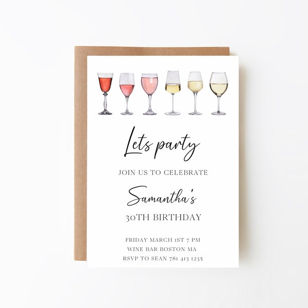 Let's Party Wine Lover Birthday Party Invitation Template, Wine Glasses, Red Wine, White Wine, Rose Wine, 50th Bday Party Invite, Winery