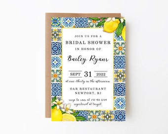 Mediterranean Bridal Shower Invitation Template, Lemon Theme Party, Italian Party, Mediterranean Ceramic Tile, Summer Bridal Shower, Lemons