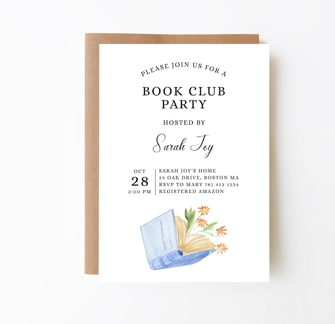 Book Club Party Invitation Template, Flowers and Books, Book Club Book Club Party Invitation Template, Flowers and Books, Book Club