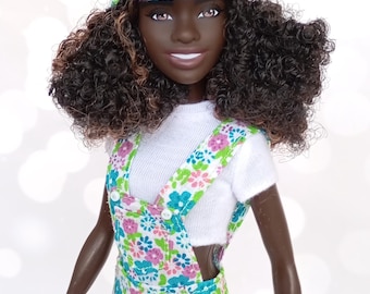 1/6 Scale Petite Doll Floral Overalls and Cap Set, Cotton Jumpsuit Outfit