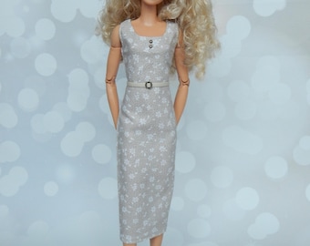 1/6 skala beige blommig bomullsklänning med bälte, 11,5 tum modedocka-outfit