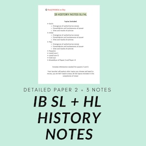 May include: A digital download of detailed notes for IB SL and HL History, covering Paper 2 and 3 topics. The notes are organized by topic and include information about the emergence and transformation of power, time and results of revolutions, and considerations of sources. The notes are available for download from @studywithkiki.