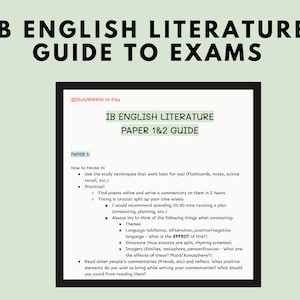 May include: A black and white guide for IB English Literature exams. The guide includes tips for revising, writing commentaries, and analyzing literary texts. The guide also includes a list of key literary terms and concepts.