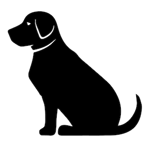 Op de afbeelding: Zwarte silhouet van een hond die zit met zijn staart om zijn poten.
