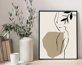 May include: A black and white line drawing of a person with a branch of leaves above their head. The drawing is on a beige background with a large beige abstract shape.