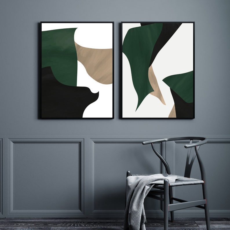 Dark Green Wall Art, Bedroom Wall Art, Living room Art, Emerald Jewel Green Set of 2 Piece Prints, Modern Abstract Minimalist Wall Artwork image 3