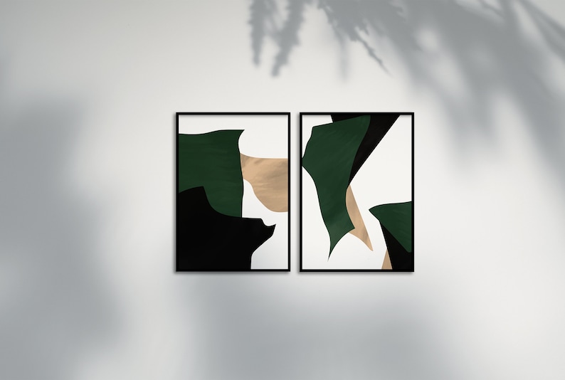 Dark Green Wall Art, Bedroom Wall Art, Living room Art, Emerald Jewel Green Set of 2 Piece Prints, Modern Abstract Minimalist Wall Artwork image 5