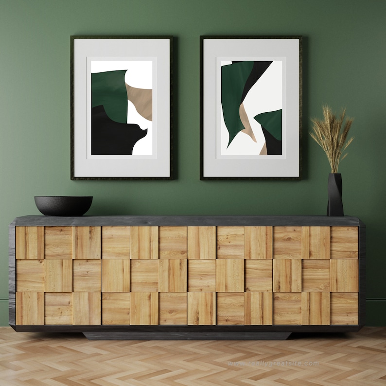 Dark Green Wall Art, Bedroom Wall Art, Living room Art, Emerald Jewel Green Set of 2 Piece Prints, Modern Abstract Minimalist Wall Artwork image 2